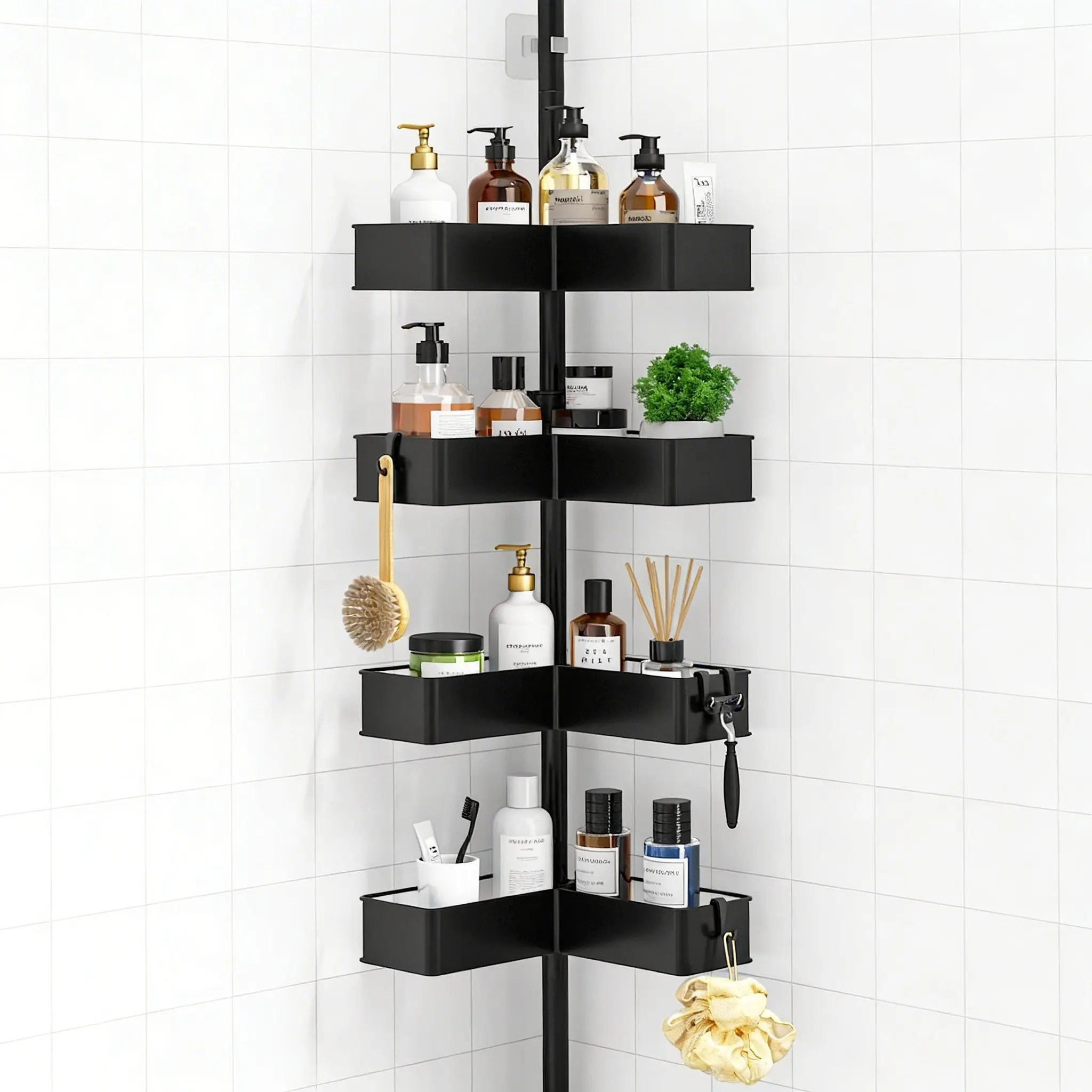 Black Corner Shower Caddy with Tension Pole, Adjustable Bathroom Corner Shelf Organizer for Shower Storage Black Corner Shower Caddy with Tension Pole, Adjustable Bathroom Corner Shelf Organizer for Shower Storage