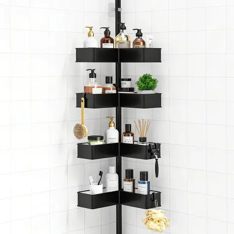 Kitsure Black 4-Tier Adjustable Tension Pole Black Corner Shower Caddy (34.2-114.1 in Height) - No-Drill Corner Cubby Shelf, Bathroom Accessories Set with Hooks for Shampoo, Loofah, Storage Solution Keeps Bathroom Organized