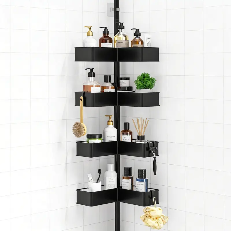 Kitsure Black 4-Tier Adjustable Tension Pole Black Corner Shower Caddy (34.2-114.1 in Height) - No-Drill Corner Cubby Shelf, Bathroom Accessories Set with Hooks for Shampoo, Loofah, Storage Solution Keeps Bathroom Organized
