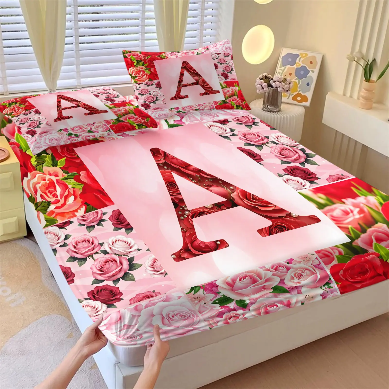 3Pcs Romantic Rose Letter A-Z Print Fitted Sheet Set, Pink Floral Bed Sheet Set, Personalized Initial Bedding Set with Pillowcases, No Fillers, Soft Lightweight for Kids Boys Girls Bedroom Decor