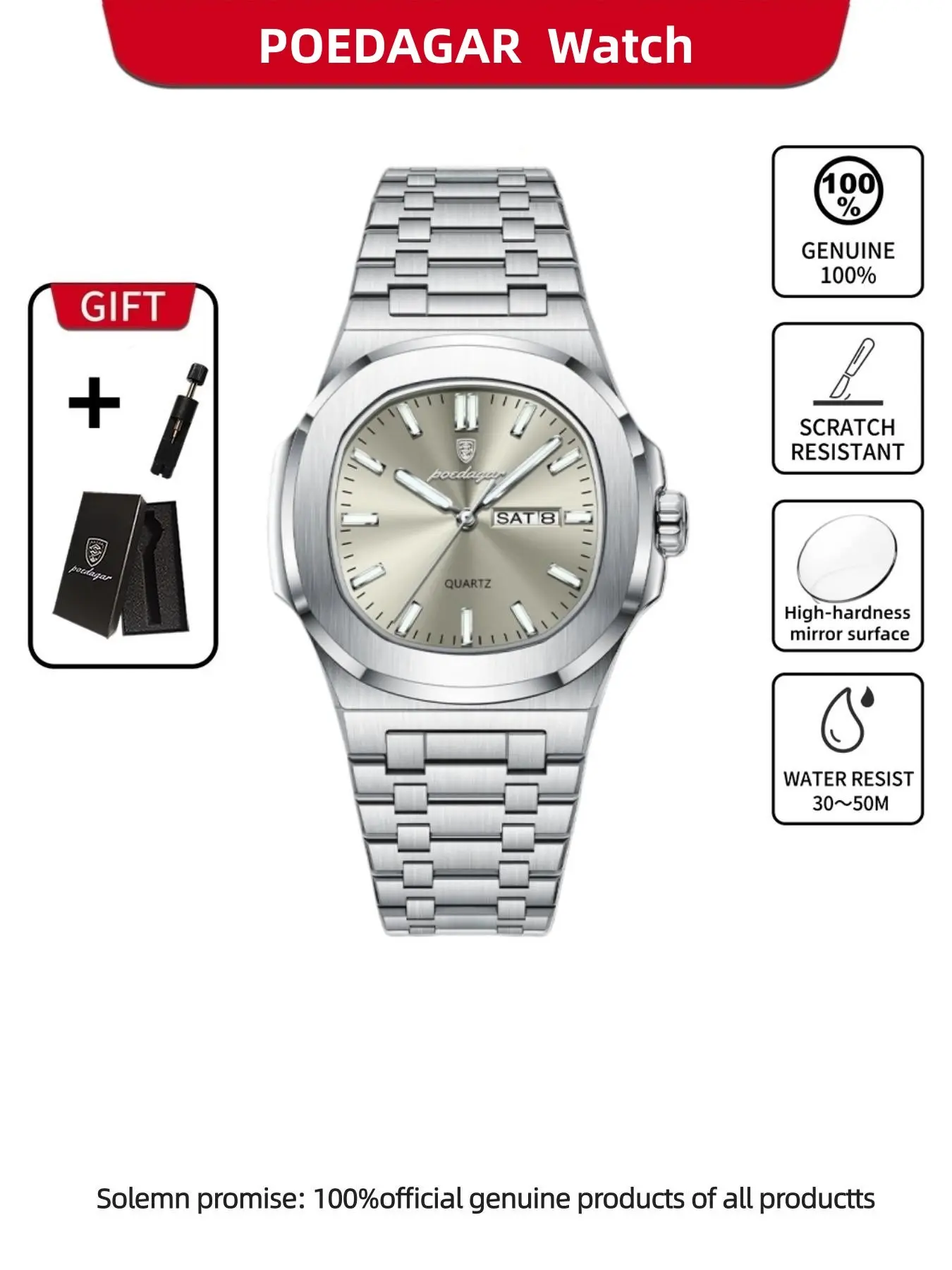 POEDAGAR men's luxury watch elegant and fashionable date week waterproof men's watch quartz high-end sports men's watch is the first choice for giving boyfriends birthday gifts Stainless Steel Wristwatch