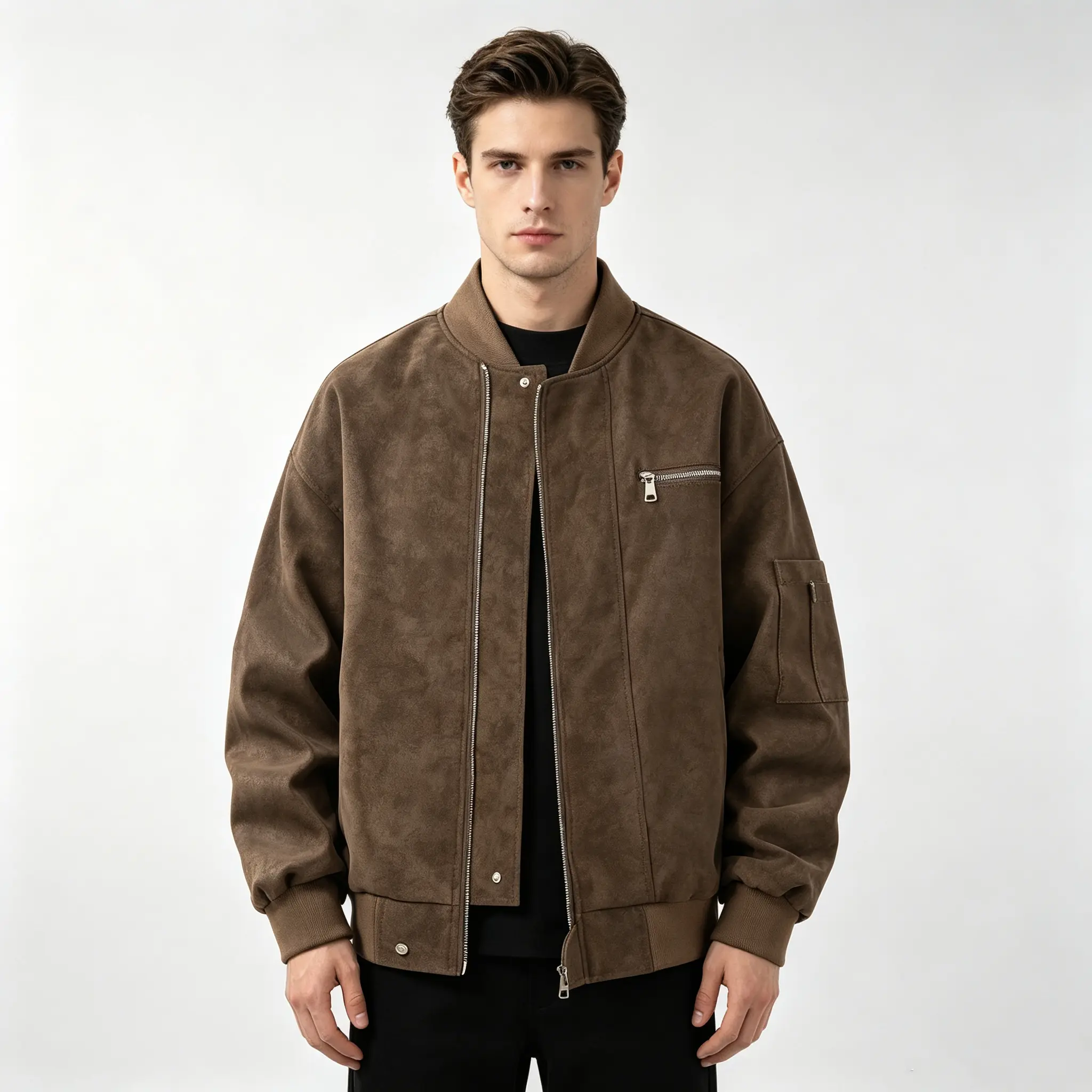 Men's Faux Suede Bomber Jacket - Vintage Zip-Up Varsity Style, Oversized, Multi-Pocket, Retro Streetwear Casual Fall Winter Outerwear Coat