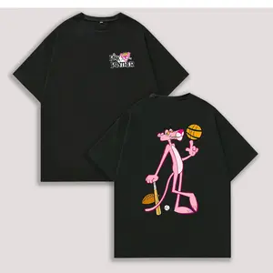 Men's & Women's 230GSM Heavyweight Cotton T-Shirt Retro Y2K Streetwear Style with Pink Panther & Baseball Print Round Neck Short Sleeve Casual Summer Top Machine Washable Unisex Tee