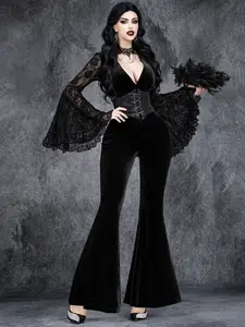 Gothic Punk Dark Lace Flounce Sleeve Patchwork Slim Fit Jumpsuit, Women's Fashion One-Piece, Casual Wear, No Waist Belt Included