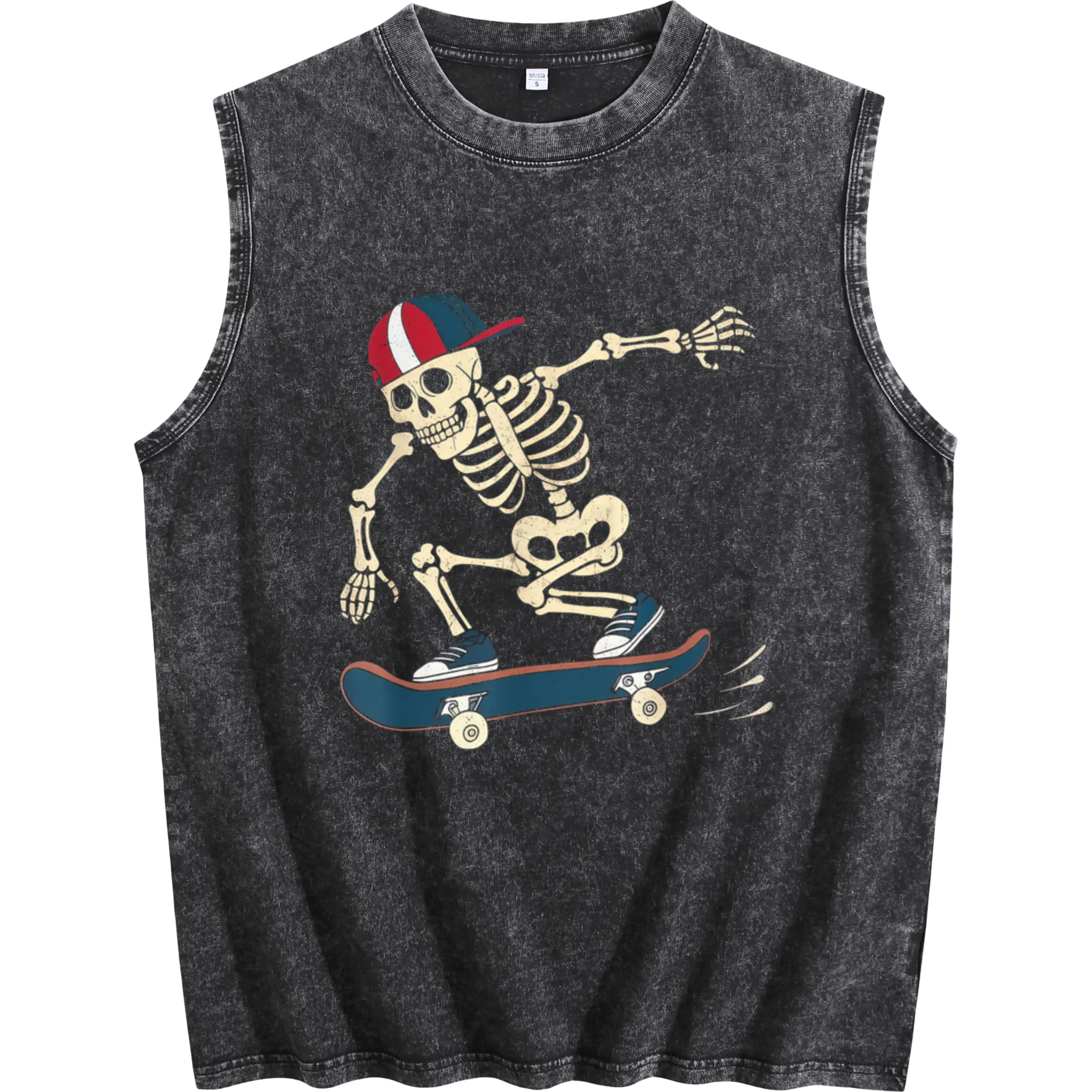 Men's Washed Sleeveless Vest with Skeleton Skateboard Design – Perfect Halloween Skater Style
