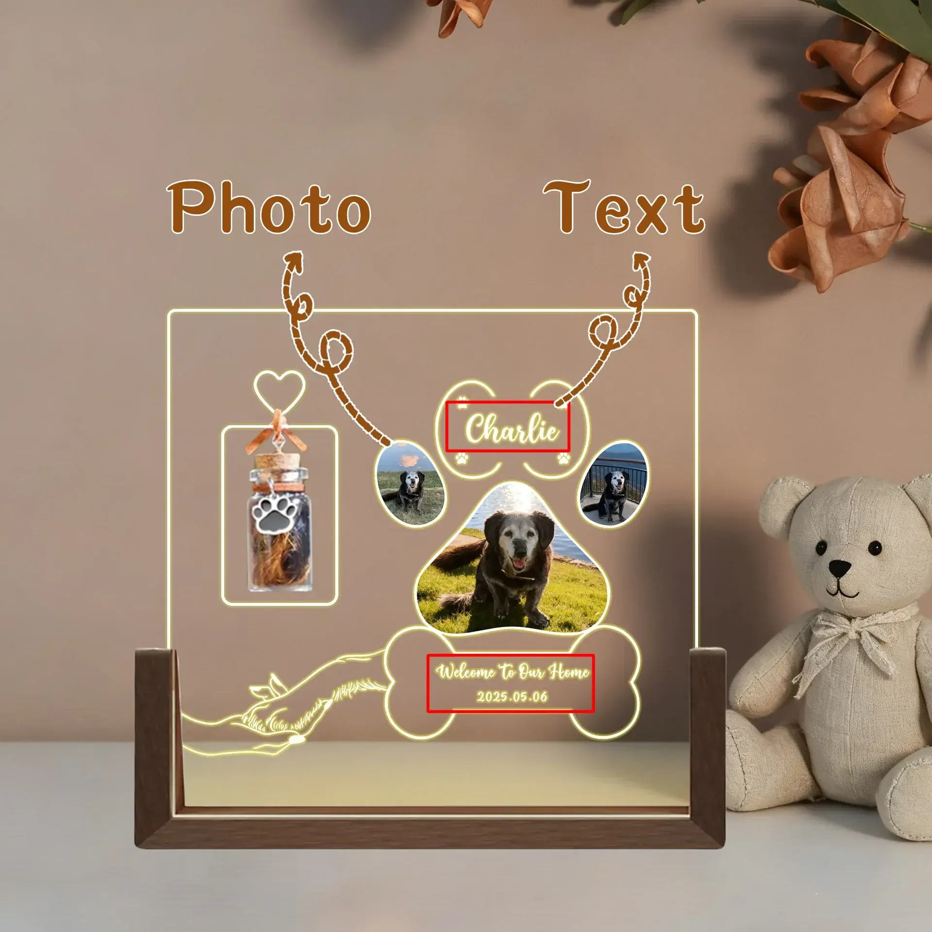 Personalized Pet Memorial Acrylic Photo Frame & Fur Keepsake Vial - Custom Photo Holder, 1 Yes-No Option, Wipe Clean, Easy to Display Memorial Gift for Dog Lovers with Paw Print, Loss Support & Emotional Remembrance