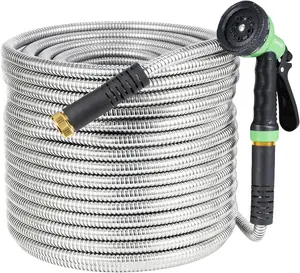 Heavy Duty Stainless Steel Garden Hose with 10-Function Nozzle, No-Kink, Rust-Proof, Flexible & Lightweight Metal Water Hose Solid Brass 3/4'' Connectors for Yard, Outdoor, Car Washing