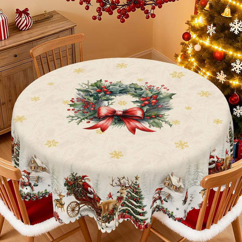 QUNTUE Christmas Winter Berry Wreath Pattern Tablecloth, 2025 Christmas Party Decoration, Garden Party, Restaurant Decoration, Indoor Outdoor Holiday Decorations, Round and Rectangle Multi Sizes, Gift for Friends