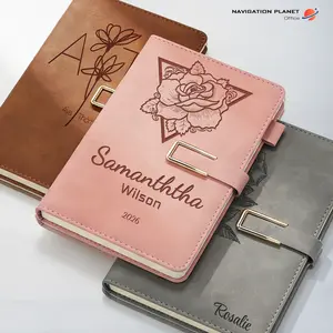 Custom Engraved Leather A5 Notebook for Her or Him, Rose Floral Personalized Journal with Name & Year, Magnetic Buckle Diary Planner Gift for Wife Girlfriend Mom