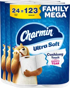 Charmin Ultra Soft Cushiony Touch Toilet Paper, 24 Family Mega = 123 Regular Rolls, White