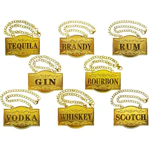 Decanter Tags -  Tags (Set of 8, Golden Colour)  Decanter Label:Gin, , , , Brandy, Rum, ,  - Tags for  bottle, Adjustable Chain, 2.36 x 1.57 inches