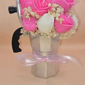 Coffee Candle with Pink Floral Design and Ribbon Accent Coffee Decor Item