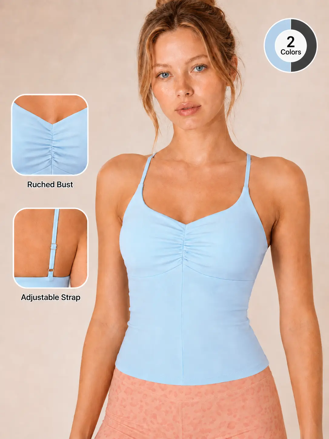 Women's Nylon Tight V-Neck Cami Tank Top - Sporty Chic Ruched Bust, Adjustable Spaghetti Straps, Slim Fit Soft Stretch Longline Camisole for Female Yoga Workout