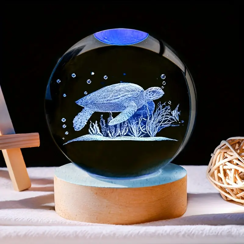 1pc 60mm Color Change Enchanting 3D Turtle Crystal Ball Night Light - Ideal Gift for Ocean Enthusiasts, USB Powered with Colorful LED Wooden Base, Perfect for Home & Office Decor