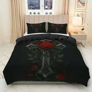 3PCS Duvet Cover Set, 1 Duvet+2 Pillowcases(Without filler), Gothic Rose Cross Floral Emo Punk theme, Halloween bedding set, Dark Romantic Bedding, Decorative duvet cover Suitable for decoration Bedroom, Guest Room, Hotel, Studio