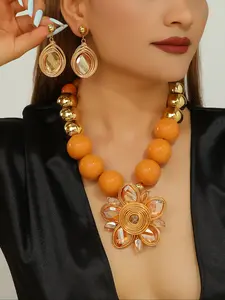 Handmade Large Acrylic Crystal Beaded Plum Blossom Necklace Earrings Set, Unique Exaggerated Design, Artificial Gemstone Jewelry