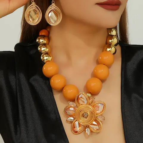 Handmade Large Acrylic Crystal Beaded Plum Blossom Necklace Earrings Set, Unique Exaggerated Design, Artificial Gemstone Jewelry