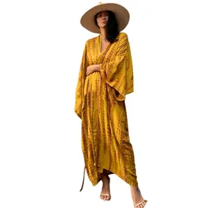 Plus Size Mumu Dresses for Women - Boho Batwing Sleeve Caftan with Side Slits, Long Moo Moo Nightgown & Beach Cover Upv - Yellow Red