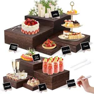 8 Size Nested Buffet Risers with Mini Signs, 8 count Rustic Wooden Cake & Dessert Display Set,   Crates for Party, Wedding,  Shower Table Decor