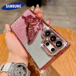 Jewelled Glitter Bling Butterfly Stand Holder Case For Samsung S25 Edge S24 S23 S26 Ultra S22 Plus A73 A54 A16 Shockproof Cover