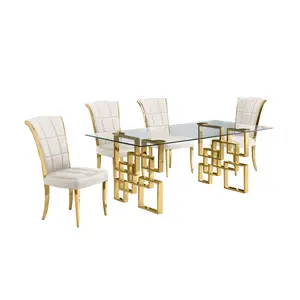 5-piece glam dining set with 4 cream chairs and a 79" long glass  table