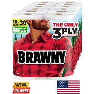 Brawny Tear-A-Square 3-Ply Paper Towels – 12 XL Family Rolls = 30 Regular Rolls, Strong & Absorbent