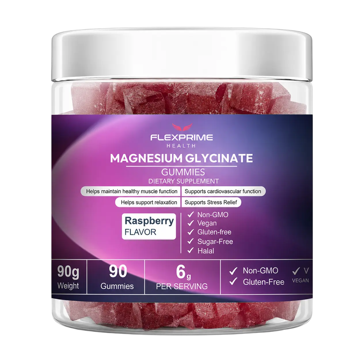 FlexPrime Magnesium Glycinate Gummies 600mg | Wellness | Vegan, Halal, Sugar-Free, Gluten-Free, Non-GMO | High Absorption | for Women & Men | Raspberry Flavor, 90 Count