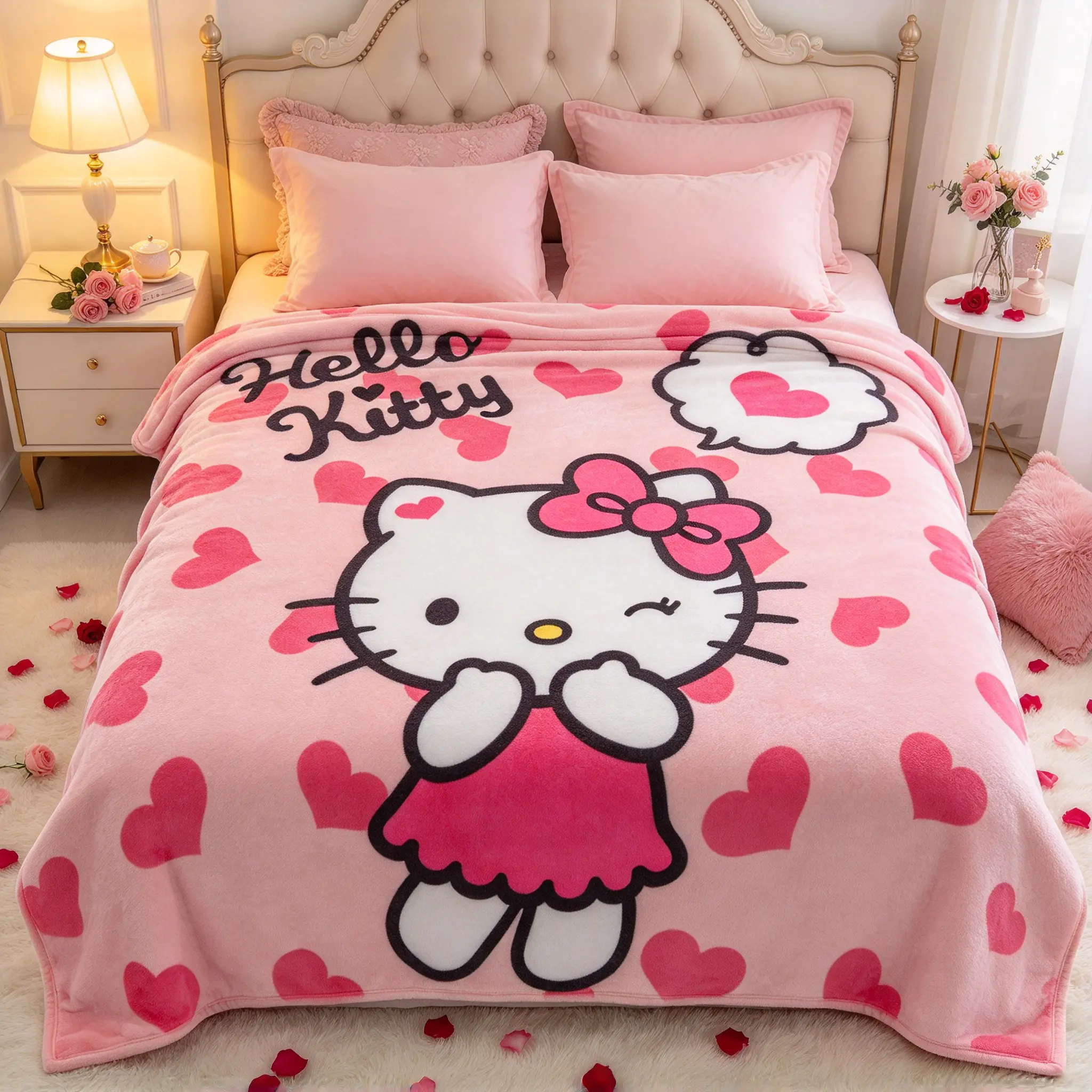 Hello Kitty Pink Heart Flannel Blanket, Cute Winking Hello Kitty Throw Blanket, 4 Sizes Available, Soft Lightweight Blanket for Bedroom Sofa Gift