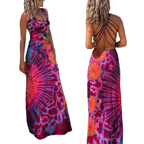 Women Summer Casual Long Dress Tie-Dye Print U-Neck Sleeveless Dress Fashion Cross Backless Dress 2025 Vocation Dress