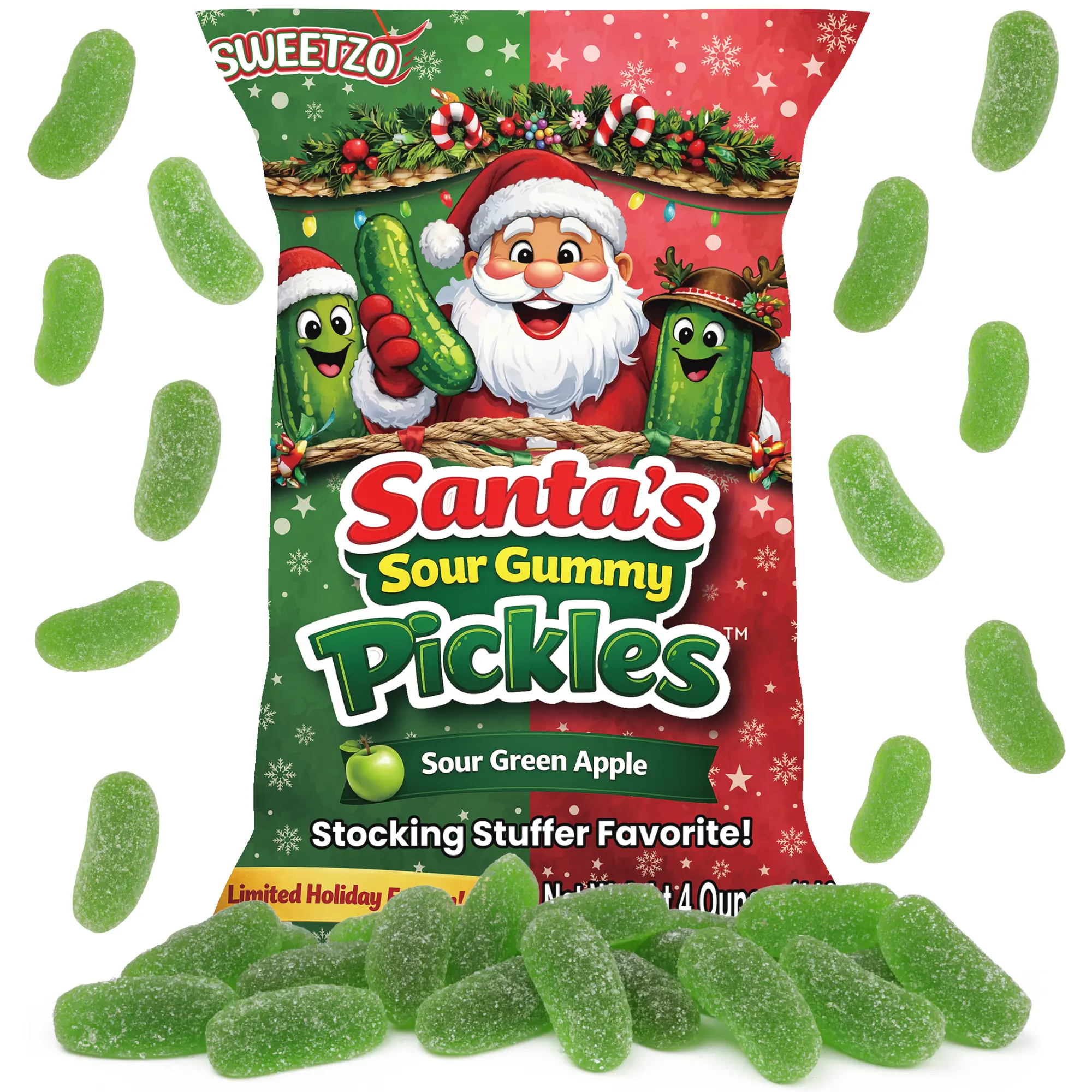 Christmas Sour Pickle Gummies, Funny Stocking Stuffer Candy, Green Apple Flavored, 4 Ounces