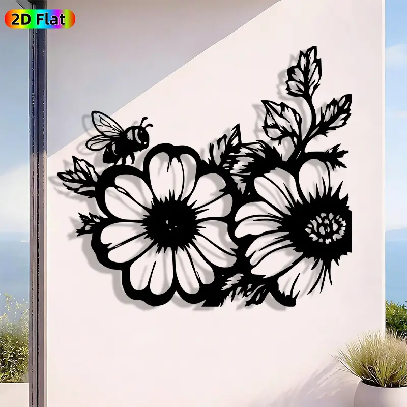 1pc Romantic Bee and Flower Metal Wall Art, Romantic Bee and Flower Statue Mural, Iron Craft, Perfect for Bedroom, Boudoir, Love Alcove Decor, Highquality Engraving, Artistic Metalwork, Valentine's Decor, Ideal Gift for Nature Lovers