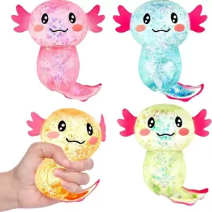 4 Piece Newt Compression Balls, Glitter Stress Balls, Cartoon Axolotl Stress Relief Toy, Slow Rebound Relaxation Toy, Stretchy Toy for Adults and Kids