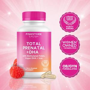 Pink Stork Prenatal Vitamins with DHA, Iron, Methylated Folate | Berry or Mint Scented | Clean Label Purity | Pregnancy Support Essentials | Gluten-Free, Non-GMO | B6, B12, Choline, Vitamin D Vegan DHA + Iron Supplement
