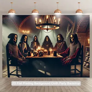 2D Flat, 1pc Gothic Halloween Party Backdrop - Skeleton Dinner Party Scene with Medieval Knights, Reaper - Durable Polyester Photography Background for Horror Decorations, Themed Photos, Birthday/Anniversaries - Easy Hang Indoor/Outdoor Decoration, 2D