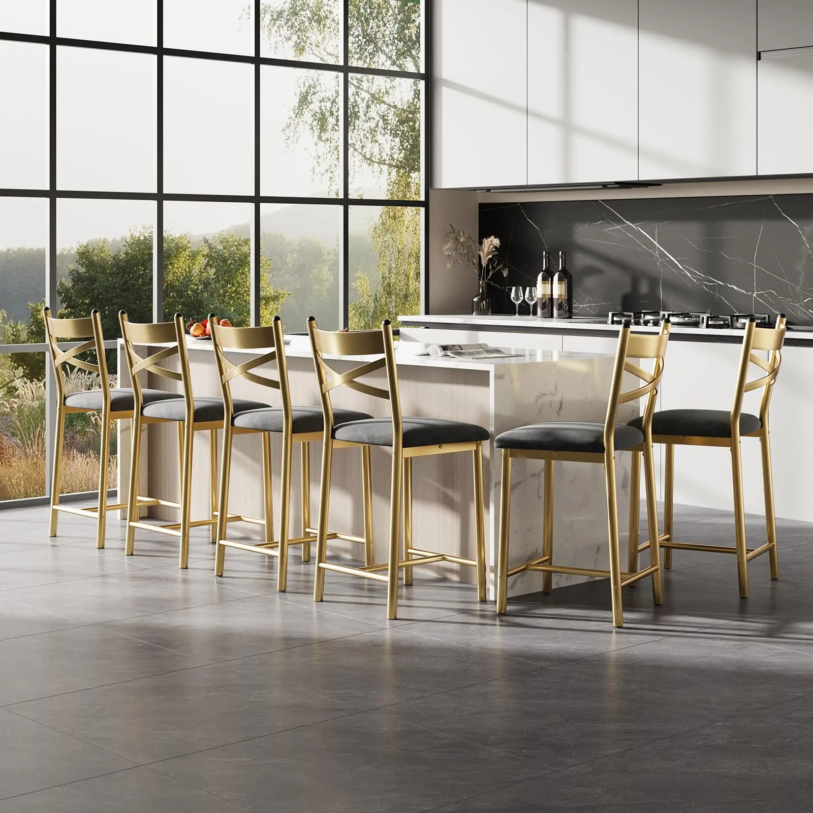 Steel Bar Stools Set of 6, 26" Counter-Height Metal Dining Chairs with Straight-Line Back, Thick PU Leather 16 in Wide Seat Cushion, Waterproof Surface for Restaurant, Gold Indoor Furniture Set