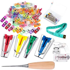 Bias Tape Maker Kit, Bias Tape Tool with Instruction, 4 Sizes Bias Maker with 60 Pcs Sewing Clips, 50 Pcs Ball Point Pins, Awl, Sewing Machine Presser Foot for Fabric Sewing and Quilting