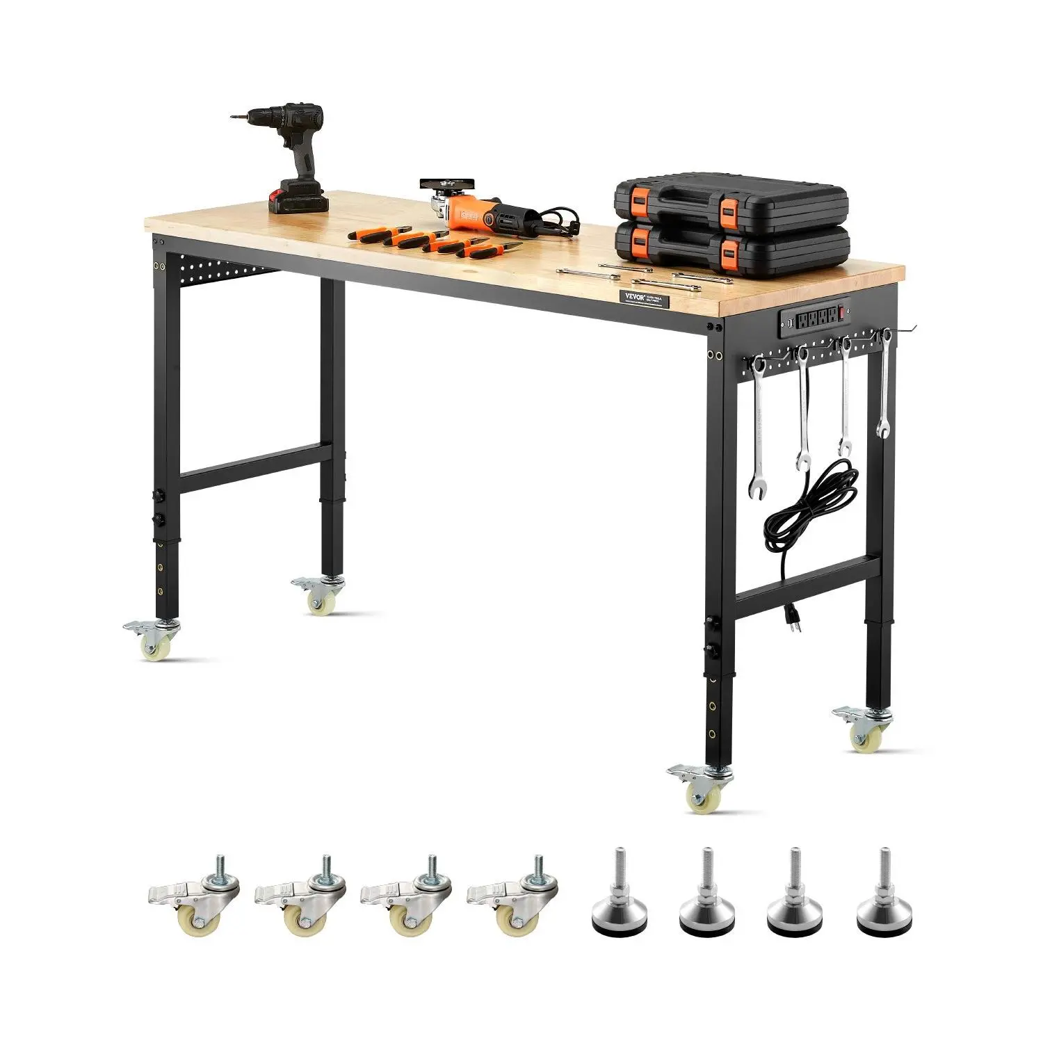 VEVOR 60-Inch Adjustable Durable Workbench, 2000 lbs Load Capacity, with Power Outlet, Pegboard, Wheels & Storage, Heavy-Duty Oak Wood Top Table for Garage DIY Enthusiasts