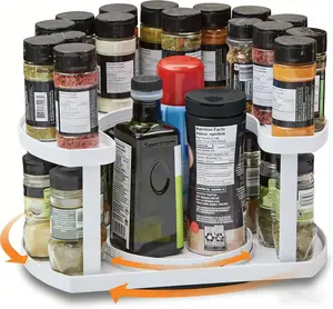 Spice Spinner Two-Tiered Organizer with Dual Spin Turntables Saves Space & Keeps Spices Neat Adjustable Height D Shaped Design for Cabinets Fridge & Bathroom