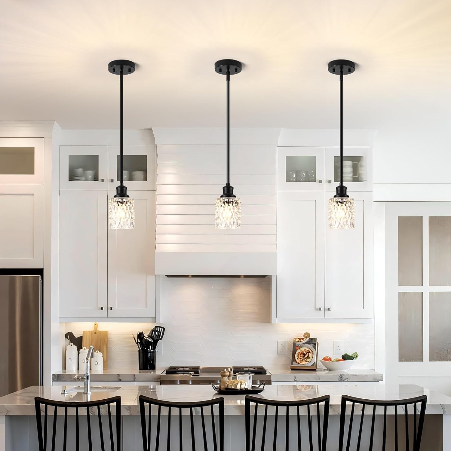 Glass Pendant Lights Kitchen Island, 1-Light Modern Black Mini Pendant with Drum Glass & Rods, Mini Hanging Light for Kitchen Sink Dining Room Bathroom