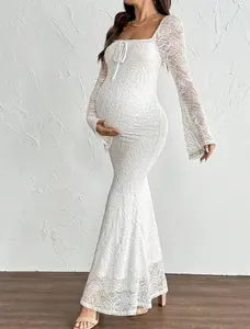 ELARA White Lace Pregnancy Gown Flared Sleeve Outfit