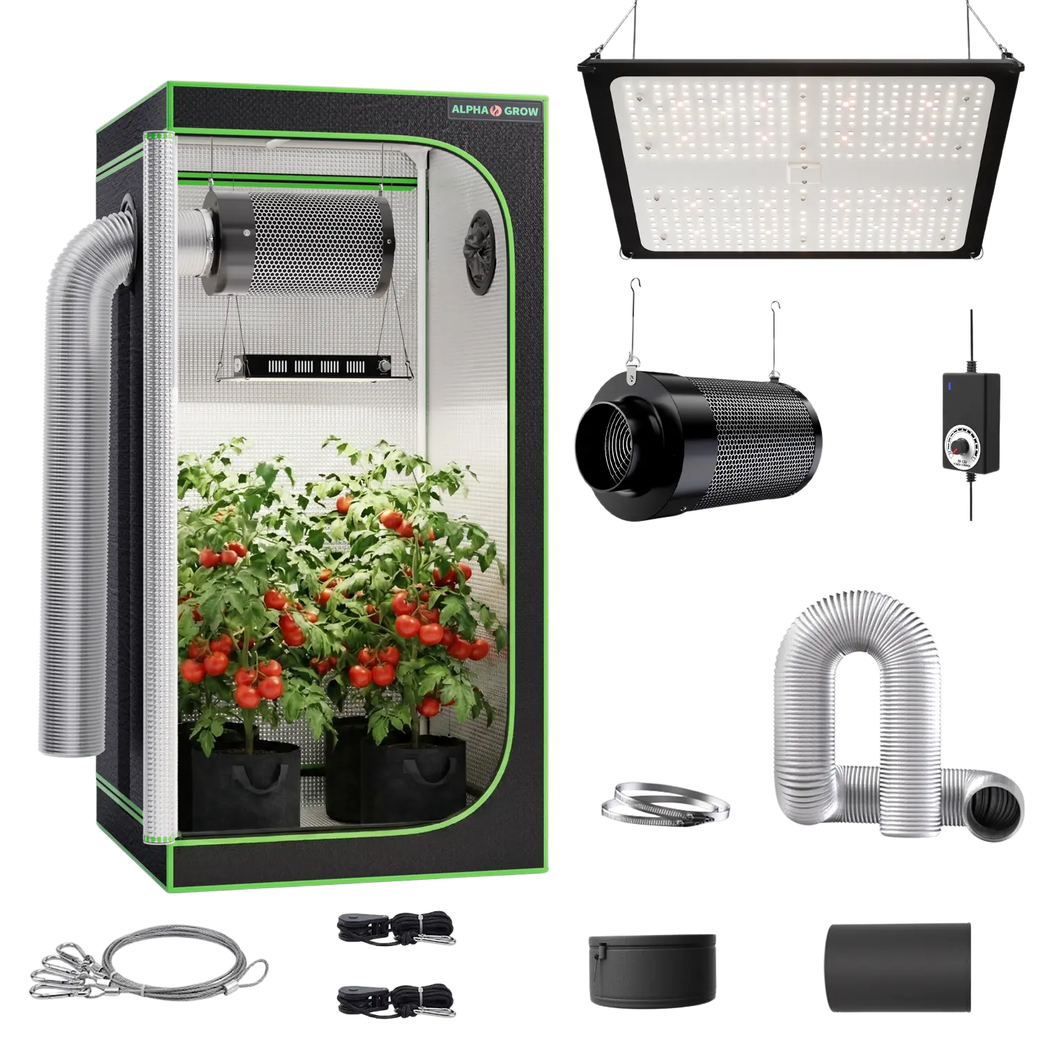 ALPHAGROW Complete Indoor Grow Tent Kit with 100W Full Spectrum LED Grow Light, 4 Inch 2-in-1 Carbon Filter Fan, 8FT Flexible Ducting and Speed Controller, 2x2 2x4 3x3 4x4 Tent Options