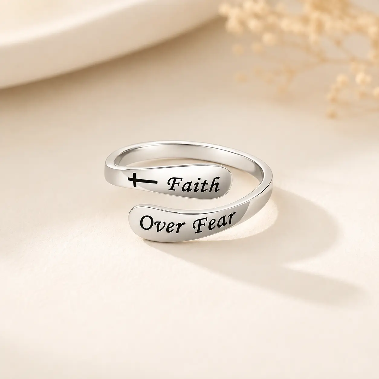 Faith Over Fear Adjustable Open Ring, Inspirational Christian Wrap Ring, Minimalist Style Faith Ring