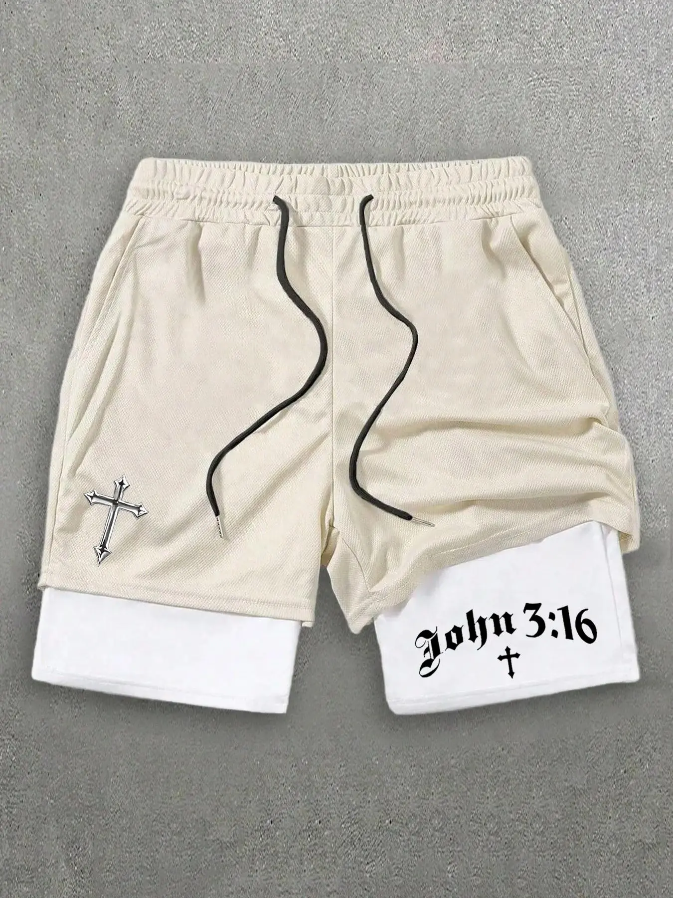 Men's Cross Print Faux Two-Piece Shorts, Regular Fit Casual Street Comfy Breathable Shorts, Men's Bottoms for Summer, Daily Casual Shorts