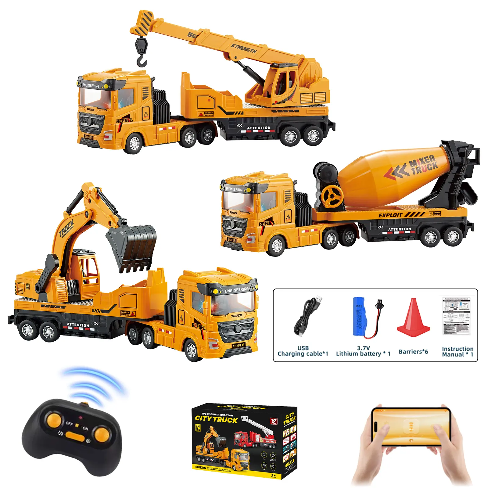 RC Control Alloy Metal 3-in-1 Construction Truck Toy Set - Dump Truck, Cement Mixer, Excavator Hauler - Ideal Birthday & Holiday Gift for Boys, Remote Control