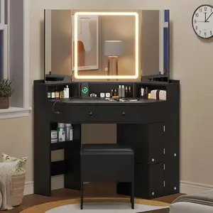 Sikaic Corner Makeup Vanity with Tri-Fold Mirror and Cushioned Storage Stool Black