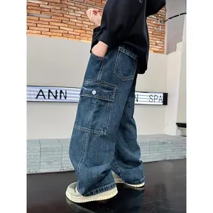 Boys' Loose-Fit Lightning Bolt & Street Dance Cargo Jeans - Stylish Straight-Leg Denim with Elastic Waist, Durable & Comfortable for All Seasons, Ideal for Skateboarding & Casual Wear