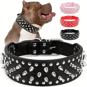 Heavy Duty Spiked Dog Collar for Large Dogs, Wide Faux Leather Studded Pet Collar with Gold Rivets, Adjustable Punk Style Neck Collar for Pitbull, Bulldog, Rottweiler & Mastiff Walking summerwins