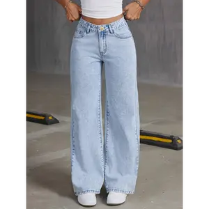Classic High-Waisted Wide Leg Jeans Women's Cotton Blend Polyester Viscose Machine Washable No Stretch Solid Color Four Seasons Zipper Closure Casual Outwear Preppy Style Button Fly Closure