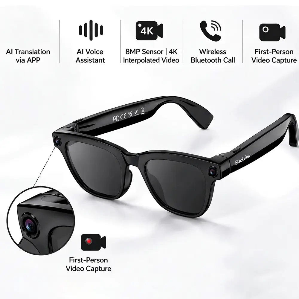 TEMPOMIND Smart Camera Sunglasses - AI Smart Glasses with Camera, Visible Lens, 8MP Sensor, AI Translation Wearable, Video/Photo Recording, Bluetooth Music, Hands-Free Calls, POV Eyewear for Outdoor Vlog & Travel