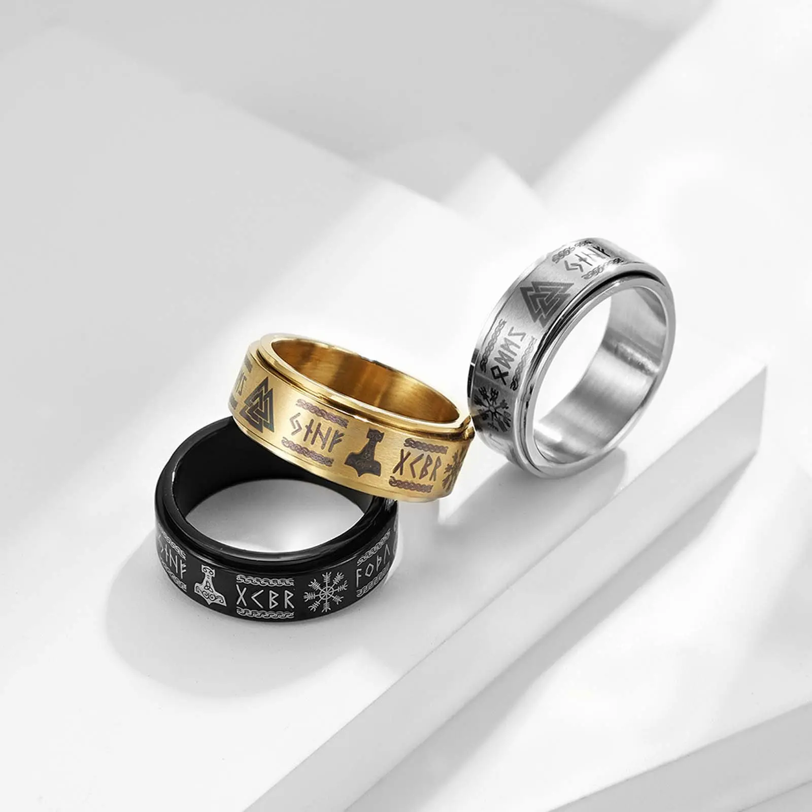 Rotatable Viking Rune Titanium Steel Ring Band, Rune-Inspired Anxiety Relief Jewelry, Fashion Artificial Gemstone Ring Accessory, Rings